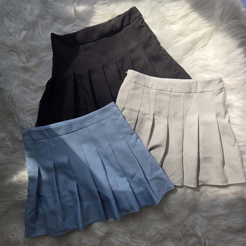Pleated Mini Skirt Trio - Black, Light Blue, Cream